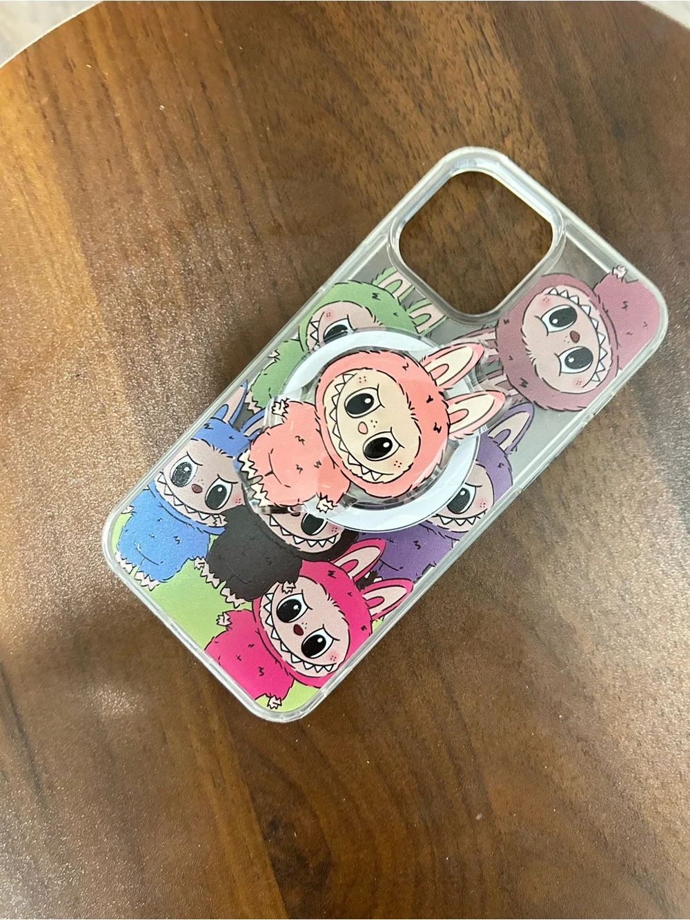 13,14,15 Plus LaBubu Pattern Clear Phone Case with Ring - Pink